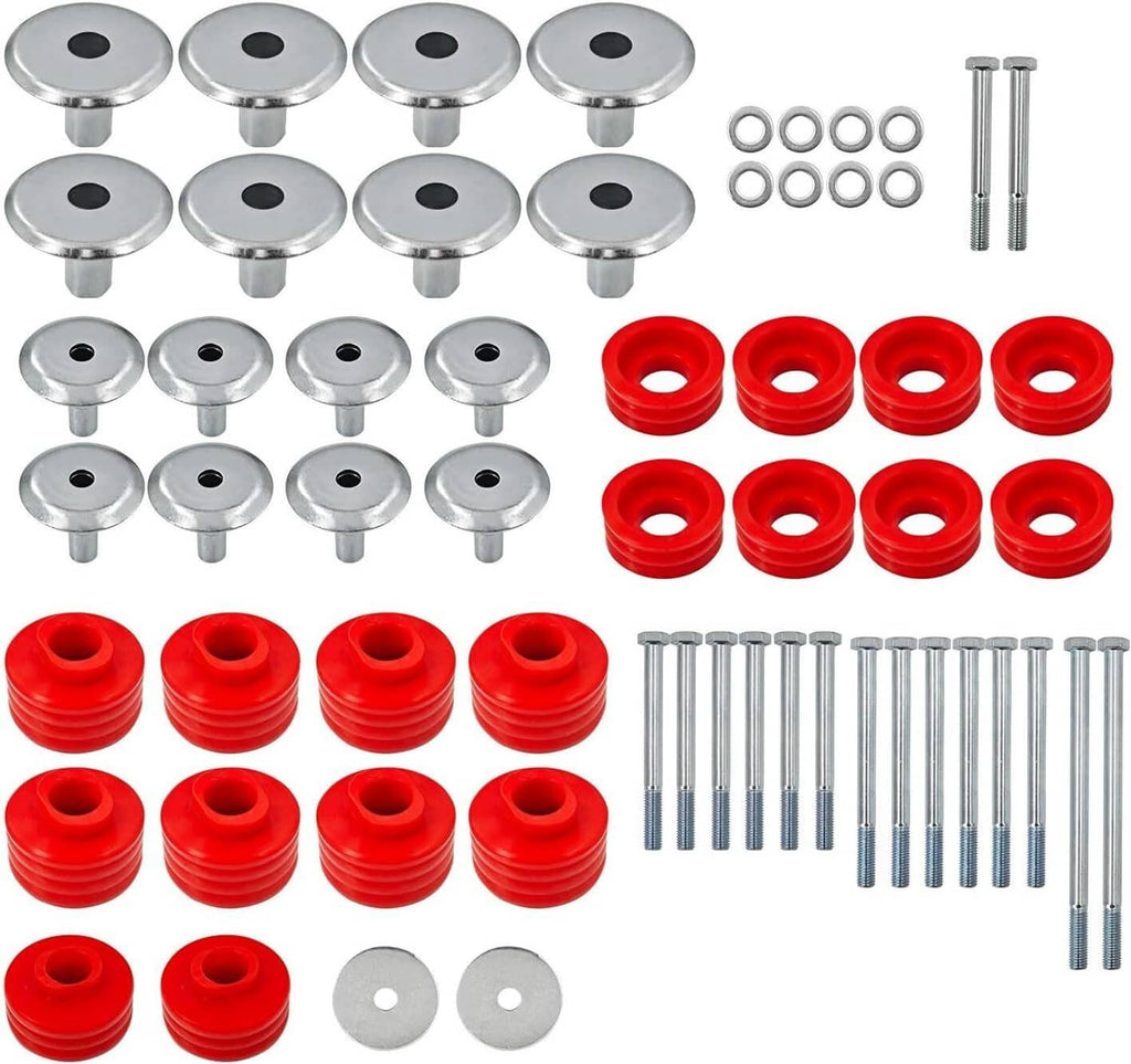 Red rubber body mount bushings with metal washers and bolts in an assorted kit