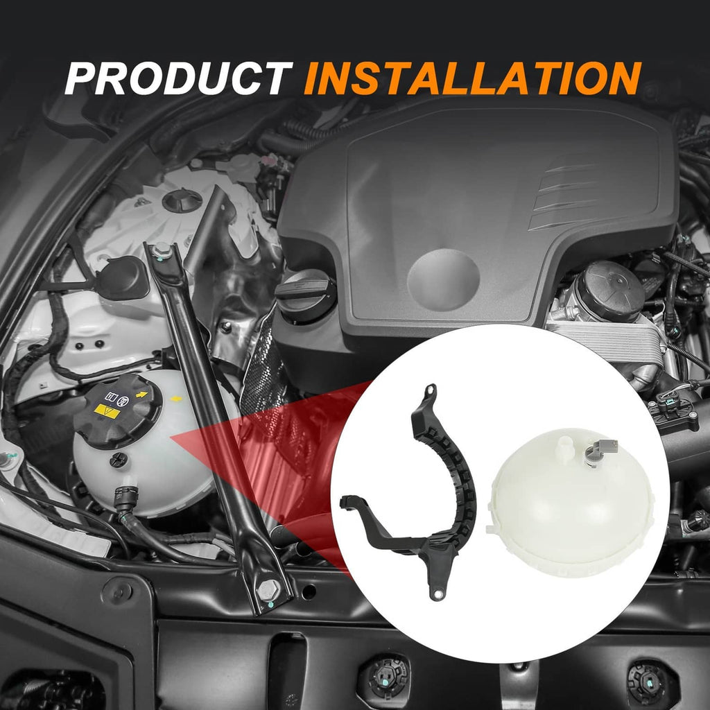 Coolant expansion tank with sensor, installation view with white reservoir and bracket