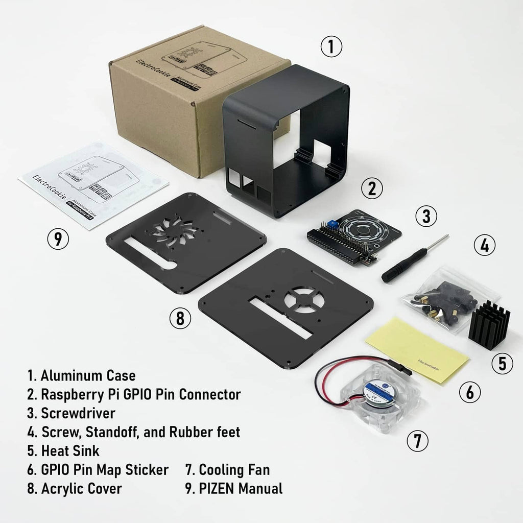 Raspberry Pi aluminum case kit with acrylic cover, heat sink, fan, and mounting parts.