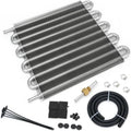 Universal transmission oil cooler kit with aluminum heat exchanger, hose, and mounting hardware