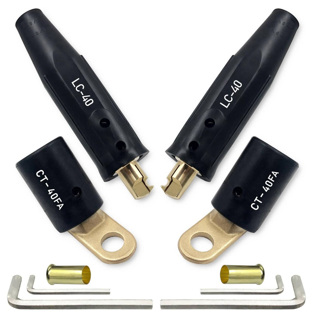 Set of welding terminals with black insulators, brass ring lugs and CT-40FA/LC-40 tips