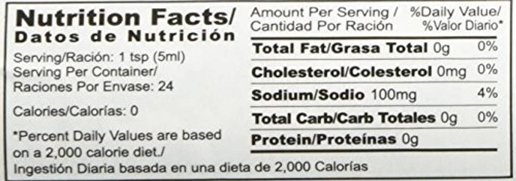 Nutrition Facts panel for hot sauce bottle with serving and calorie details