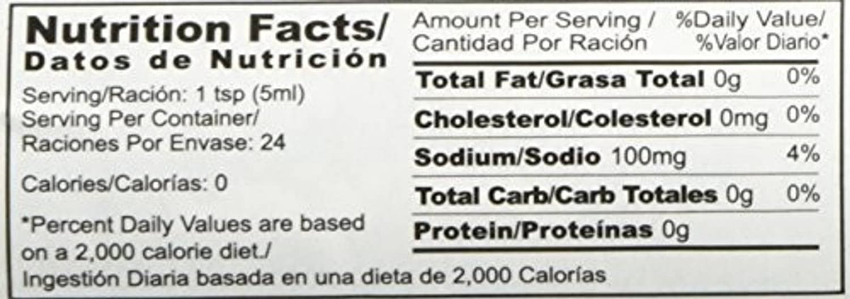 Nutrition Facts panel for hot sauce bottle with serving and calorie details
