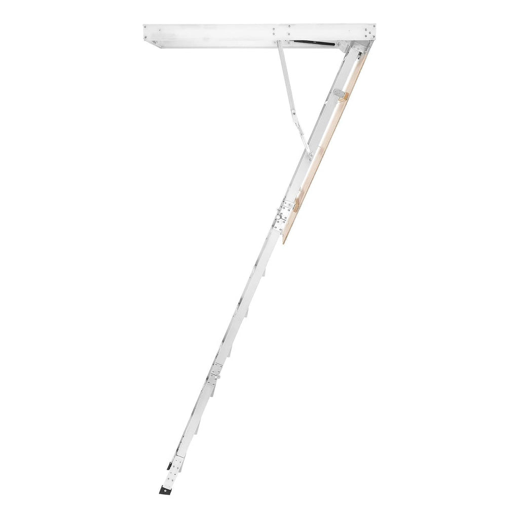 Aluminum folding attic ladder with angled legs and mounted hatch frame