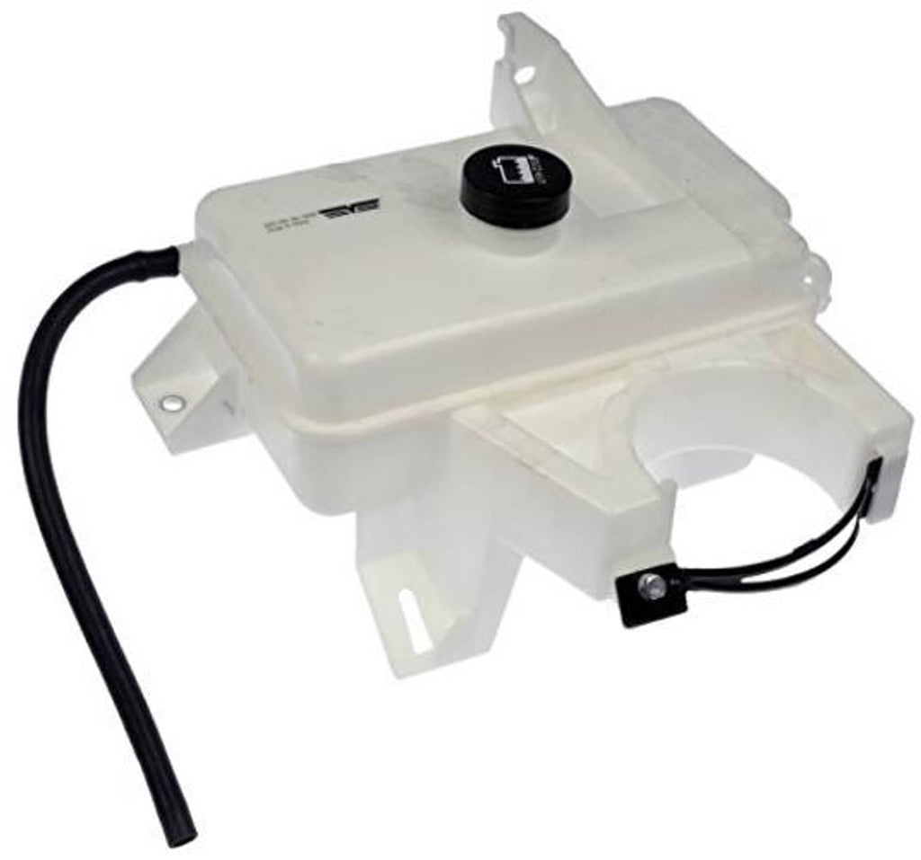 Coolant reservoir tank with black cap, white mounting bracket, and two-line hose set.