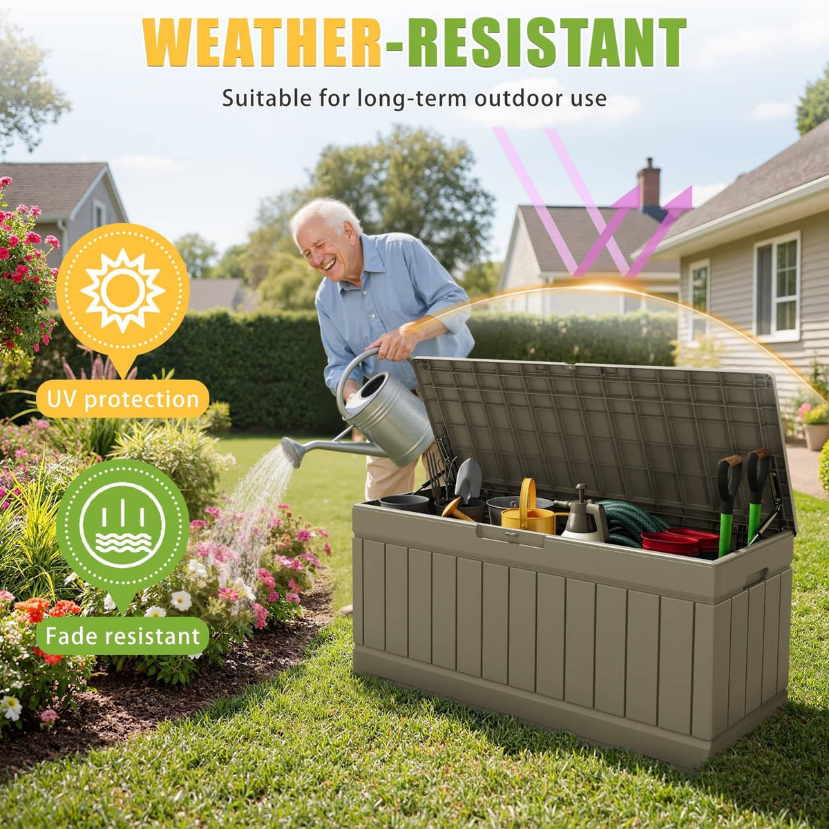 Coffee outdoor storage box with lid and vented grid side panels