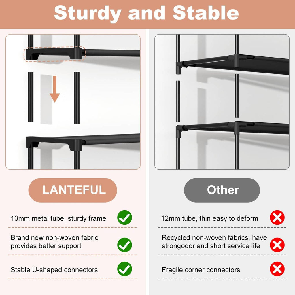 Black shoe rack frame with metal tubes, U-shaped connectors, and non-woven fabric