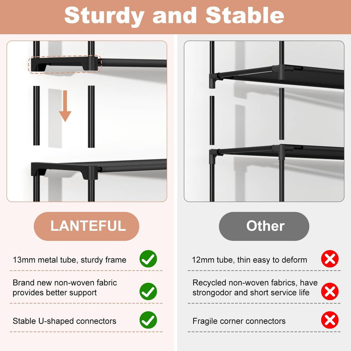 Black shoe rack frame with metal tubes, U-shaped connectors, and non-woven fabric