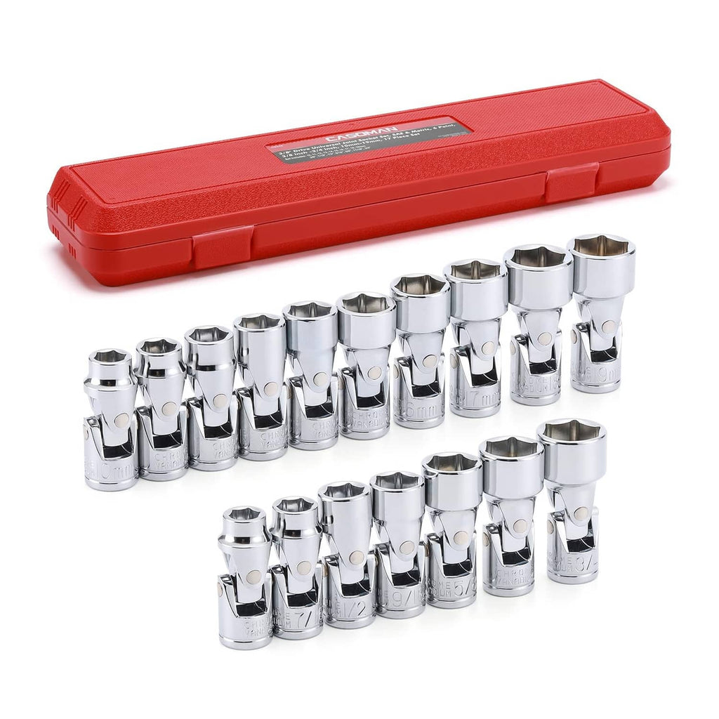 Red blow-molded case with chrome universal 3/8 in drive sockets set (17-pc)