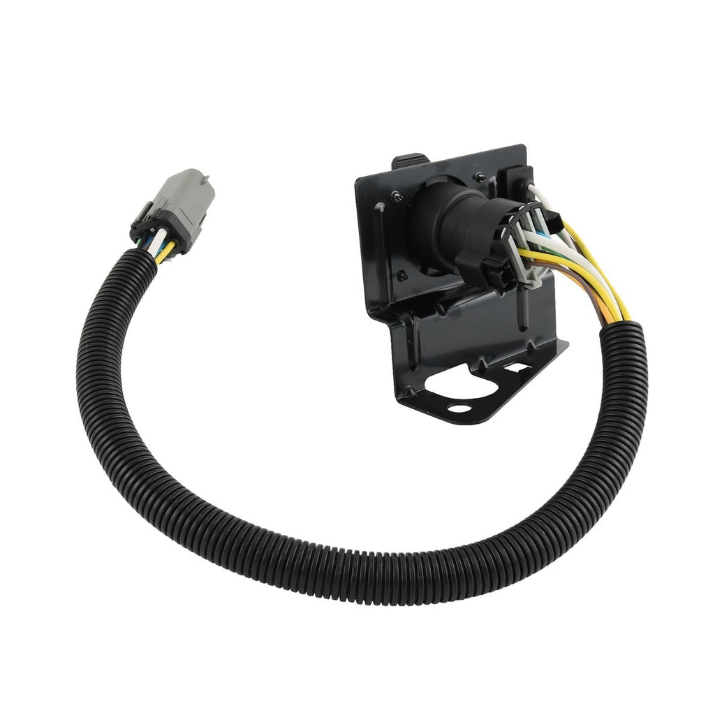 Trailer tow wiring harness plug with black mounting bracket and coiled ribbed cable