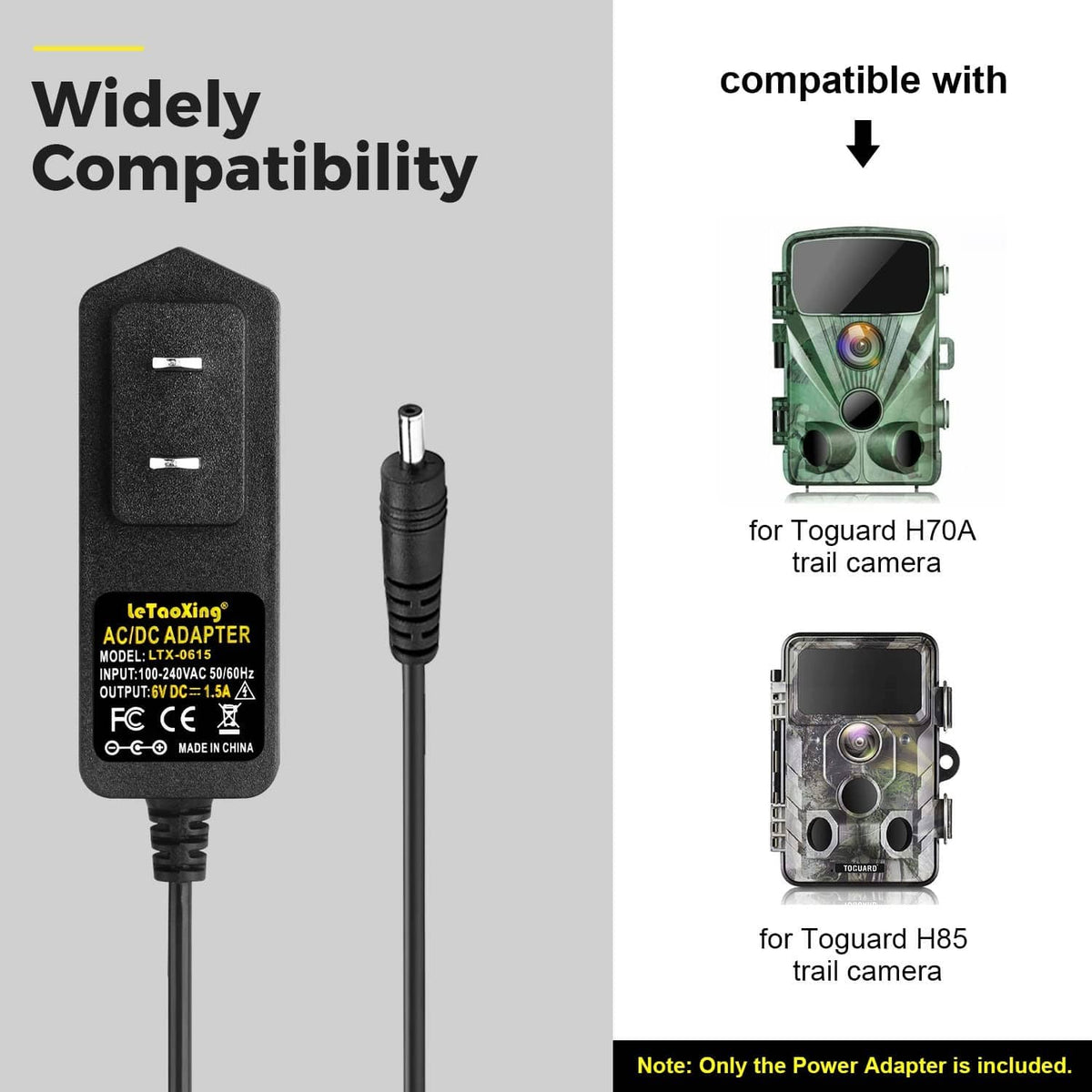 Black power adapter shown as compatible for trail camera models (adapter-only included)