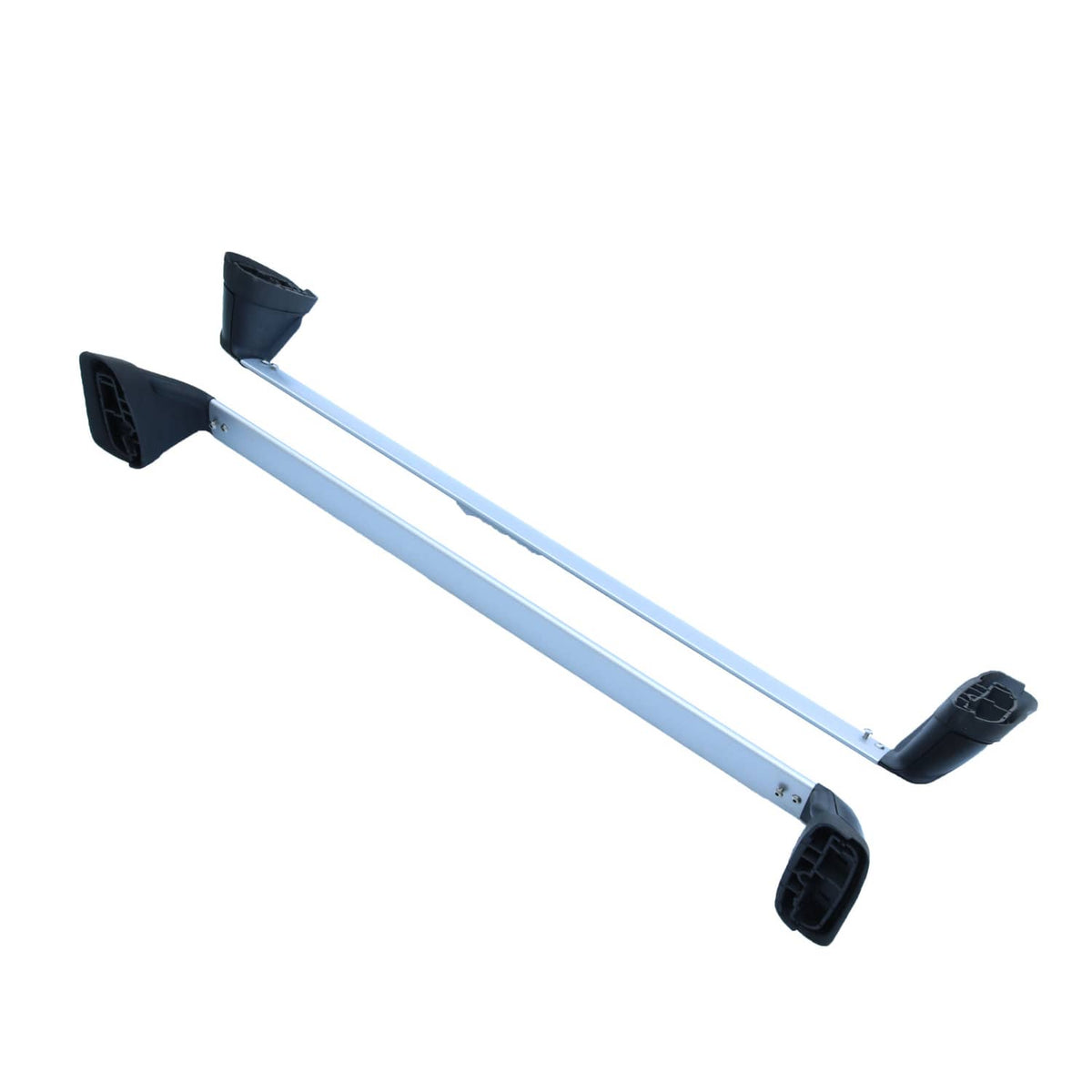Roof rack cross bars kit with black roof feet and silver bars, side angle