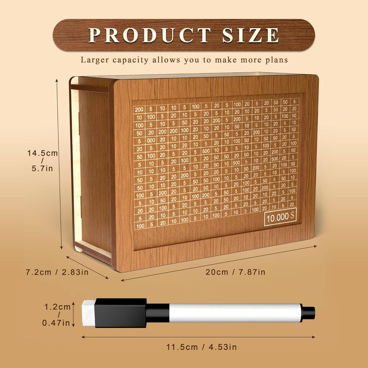 Wooden 10,000 savings cash vault box with front numbered board and banknote slot.