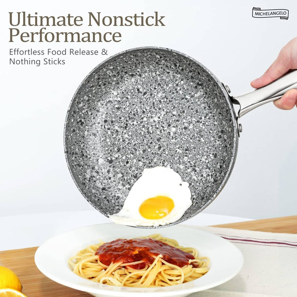 8-in gray granite nonstick skillet with handle, fried egg in pan.