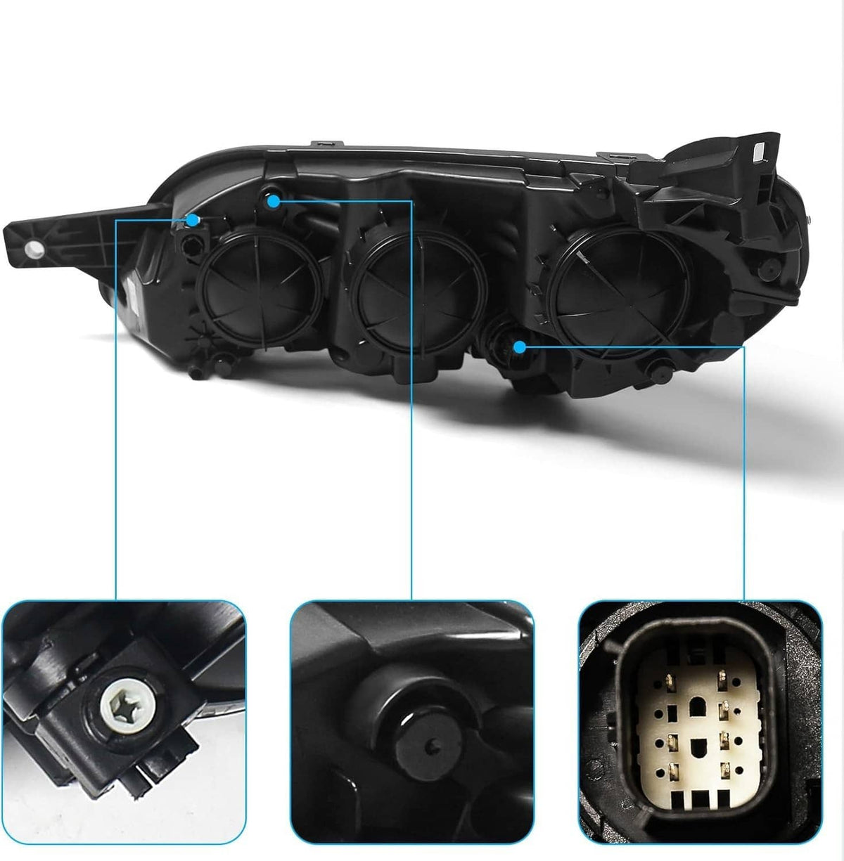 Halogen headlight housing with mounting points and internal circular lamp modules