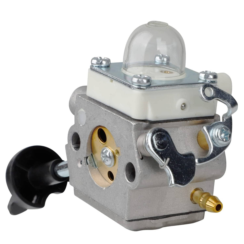 Carburetor with clear air filter cover, silver mounting plate, and brass fuel inlet