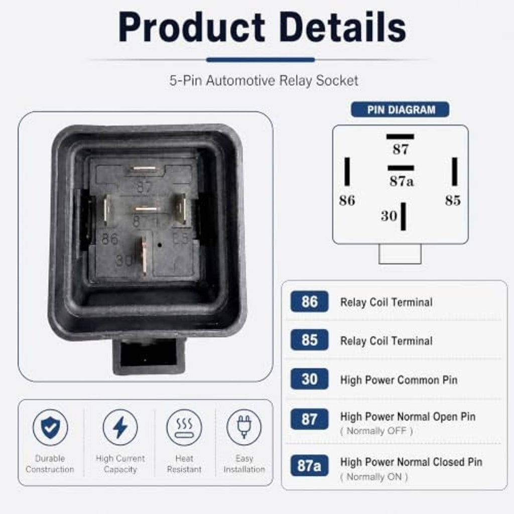 Black 5-pin relay socket housing with terminal contact pin diagram