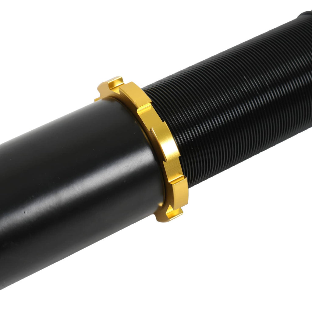 Adjustable coilover strut: black body with gold threaded collar ring