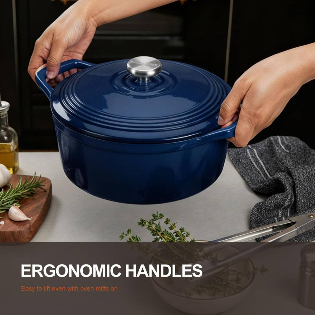 Blue enameled cast iron Dutch oven with domed lid and ergonomic handles
