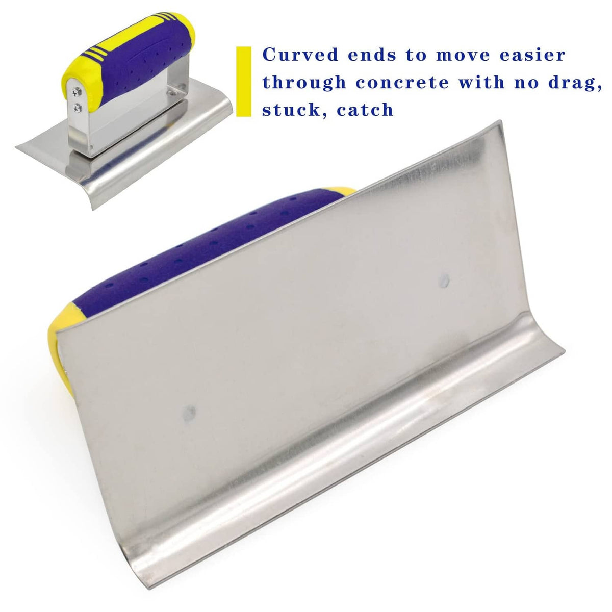 Stainless steel edging shoe with curved end and yellow-and-purple handle, wide blade.