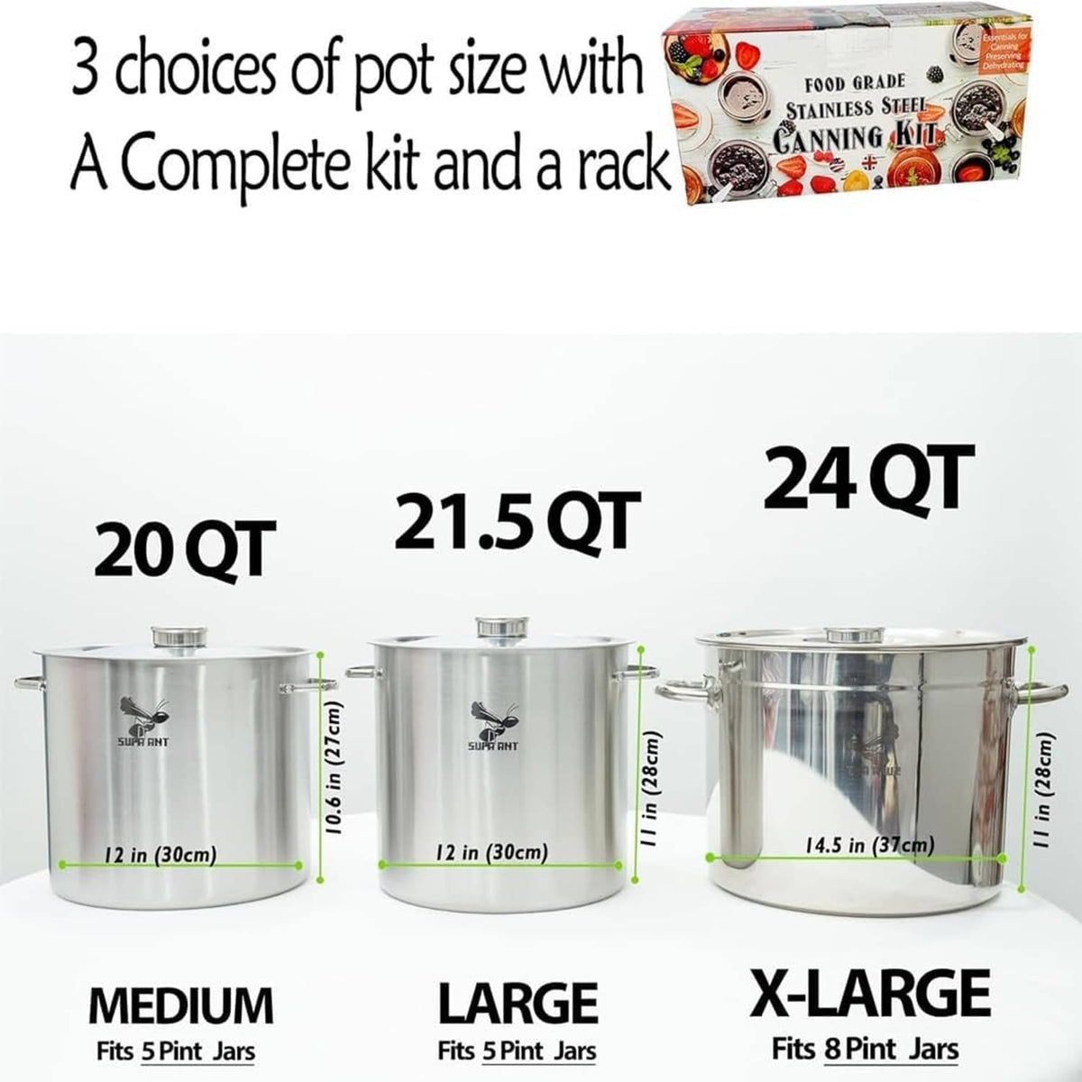 Canning pot size chart showing 20 qt, 21.5 qt, and 24 qt with rack and kit