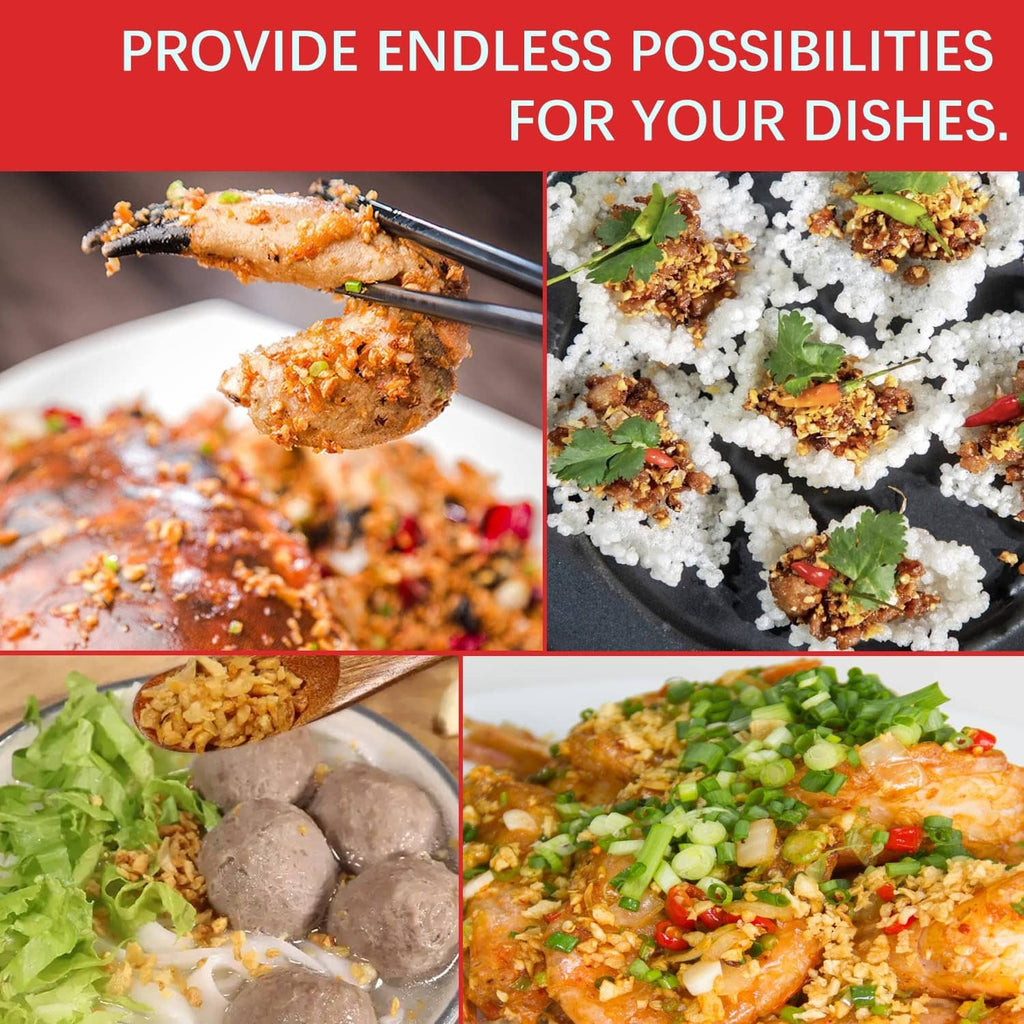 Garlic crisp topping sprinkled on shrimp and rice dishes with fresh herbs