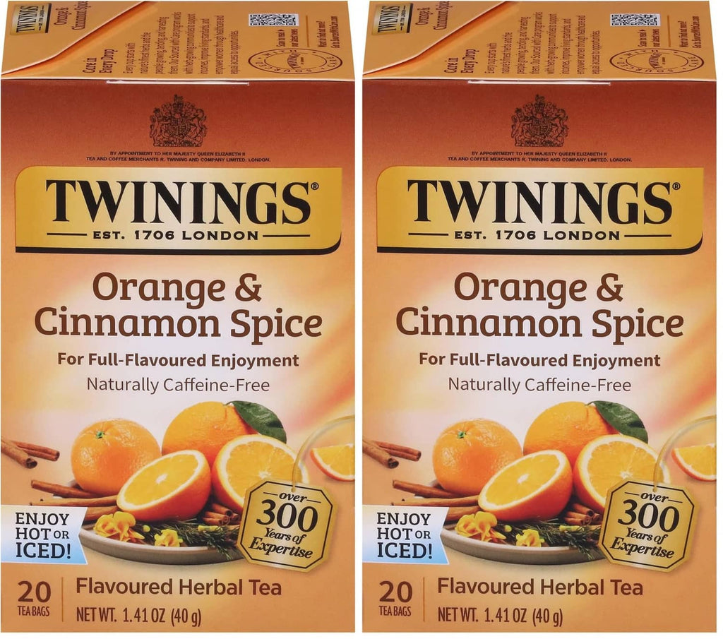 Twinings Orange & Cinnamon Spice herbal tea boxes, 20 tea bags each (pack of 2)