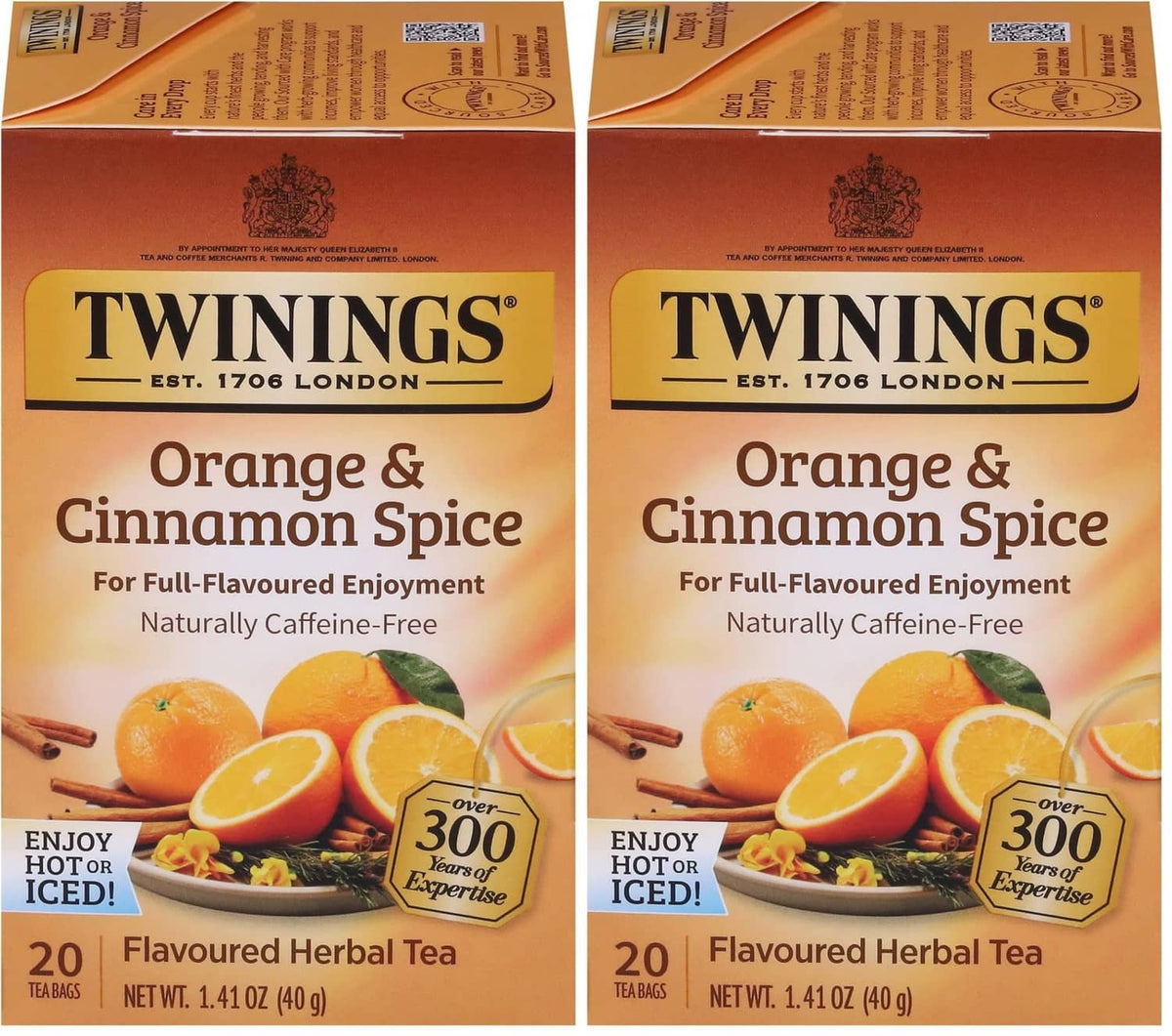 Twinings Orange & Cinnamon Spice herbal tea boxes, 20 tea bags each (pack of 2)