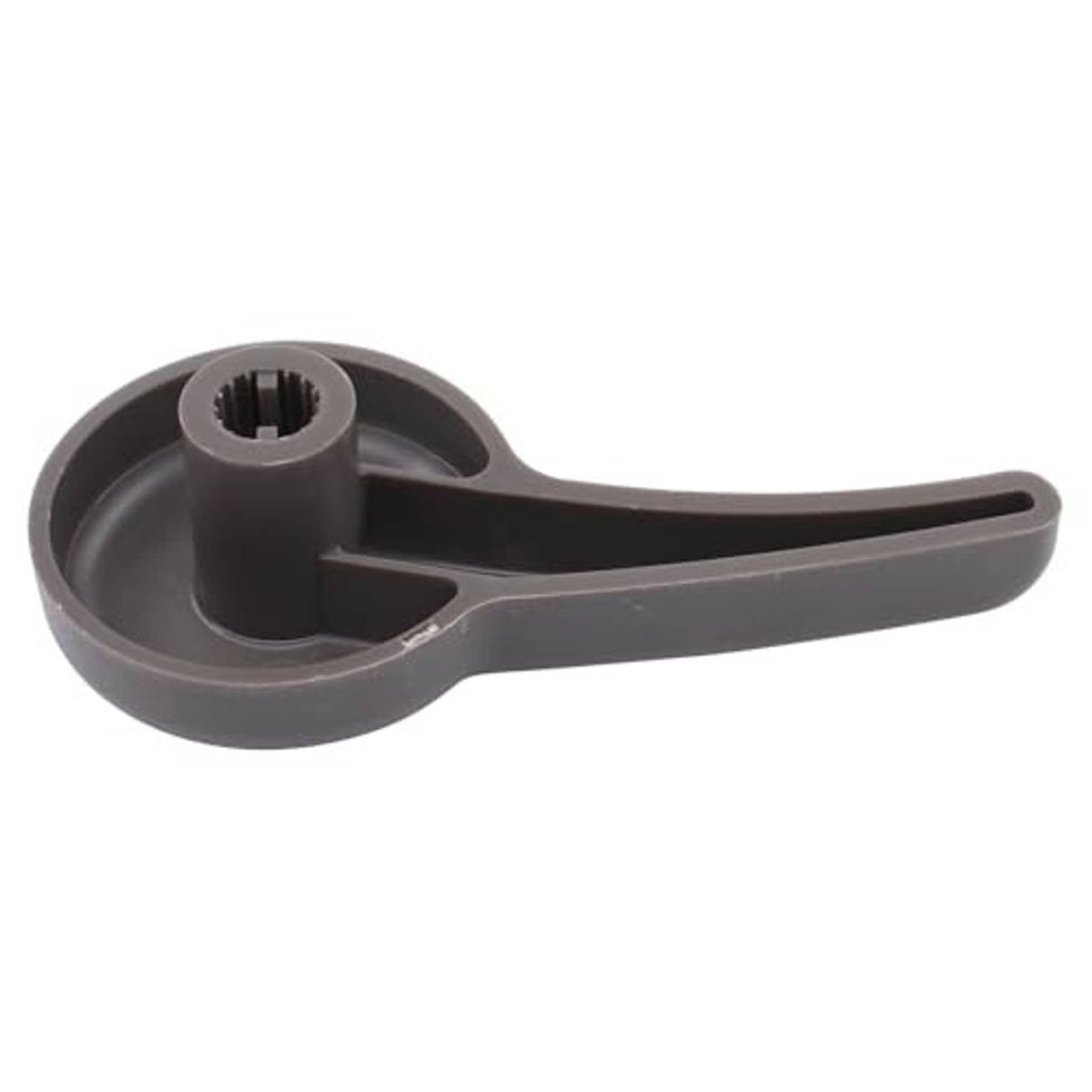 Seat recliner lever handle, dark gray plastic underside with central threaded socket