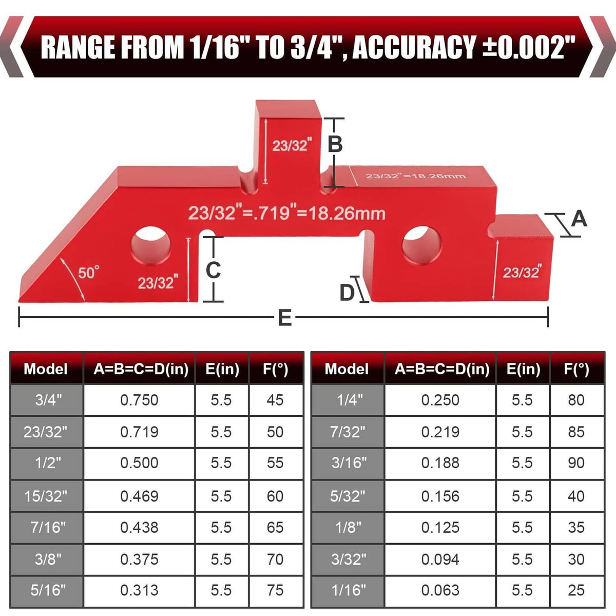 Red aluminum woodworking setup gauge block with punched holes and measurement markings