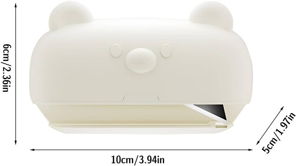 Kitten-shaped cardboard cutter, white ABS housing with open blade and size dimensions