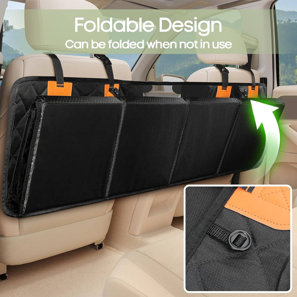 Foldable black dog car seat cover with quilted padding and orange handle straps