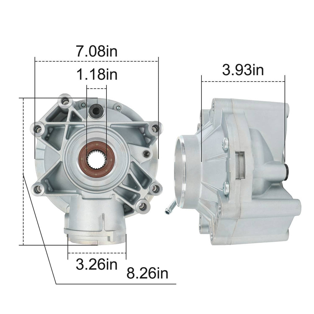 Rear differential housing shown with front and side measurement diagram