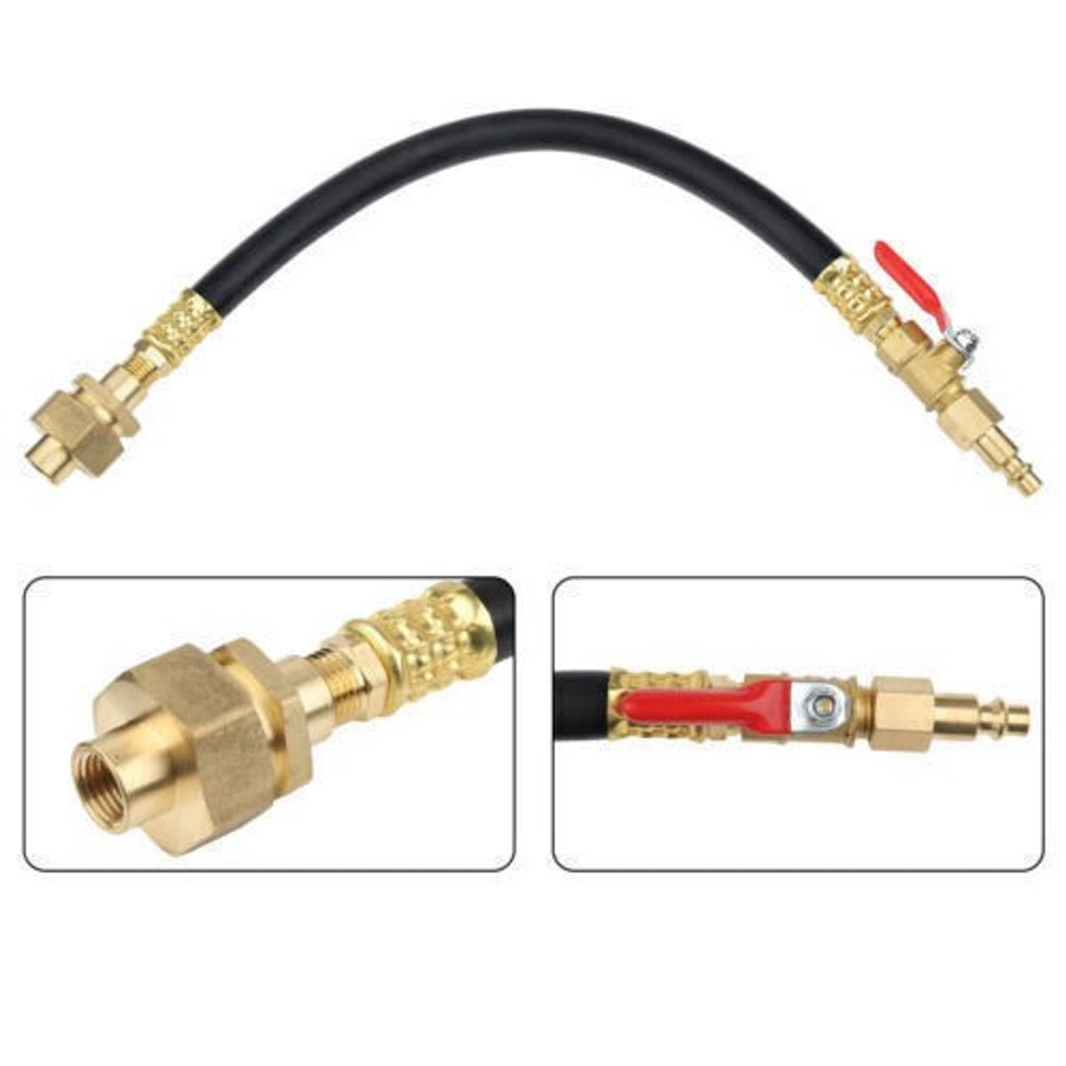 Valve holding air hose with brass couplers and red shut-off lever