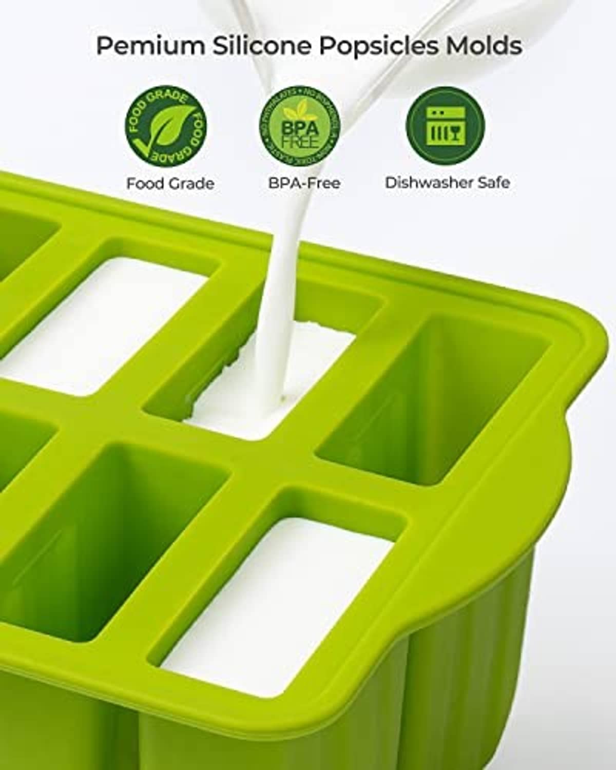 Close-up of green silicone popsicle mold cavity with white stick inserted