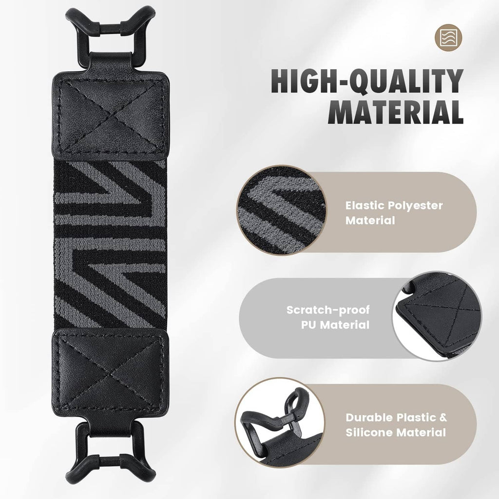 Black hand strap with zigzag elastic panel and top clamp for securing a tablet