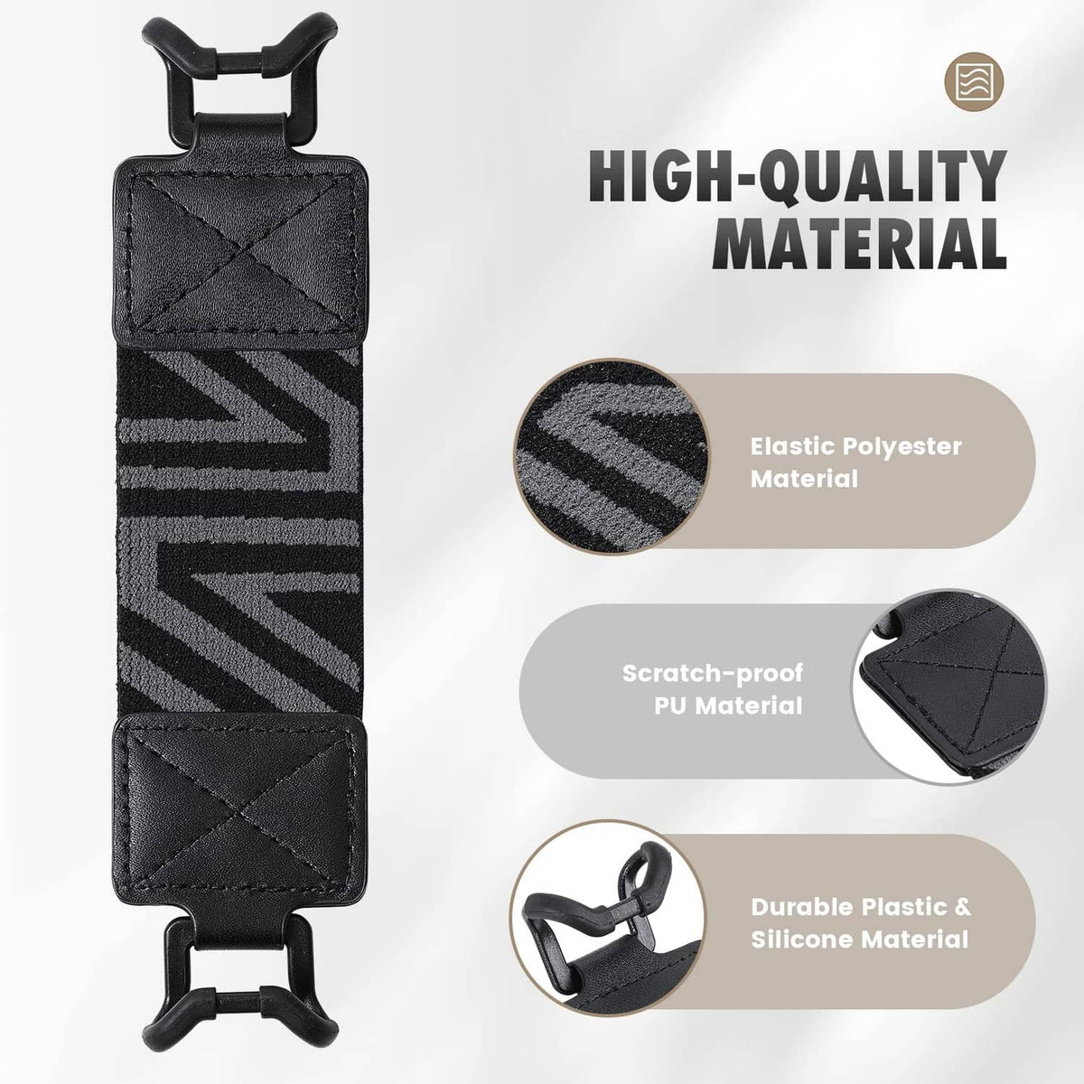 Black hand strap with zigzag elastic panel and top clamp for securing a tablet
