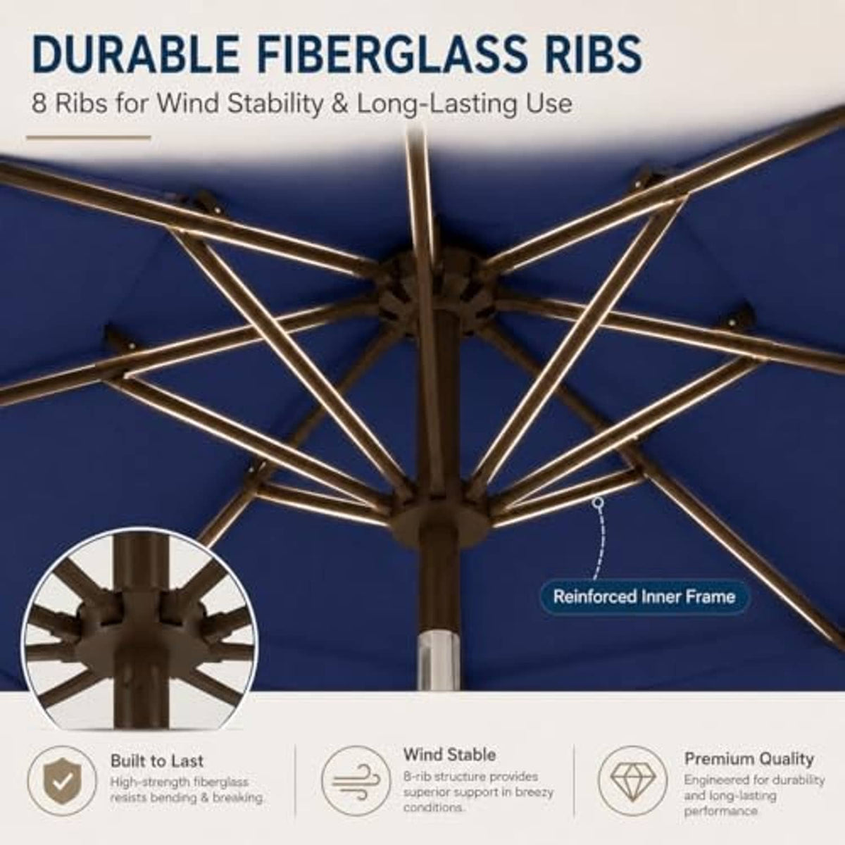 Navy umbrella canopy close-up with reinforced fiberglass ribs under a 3-tier design