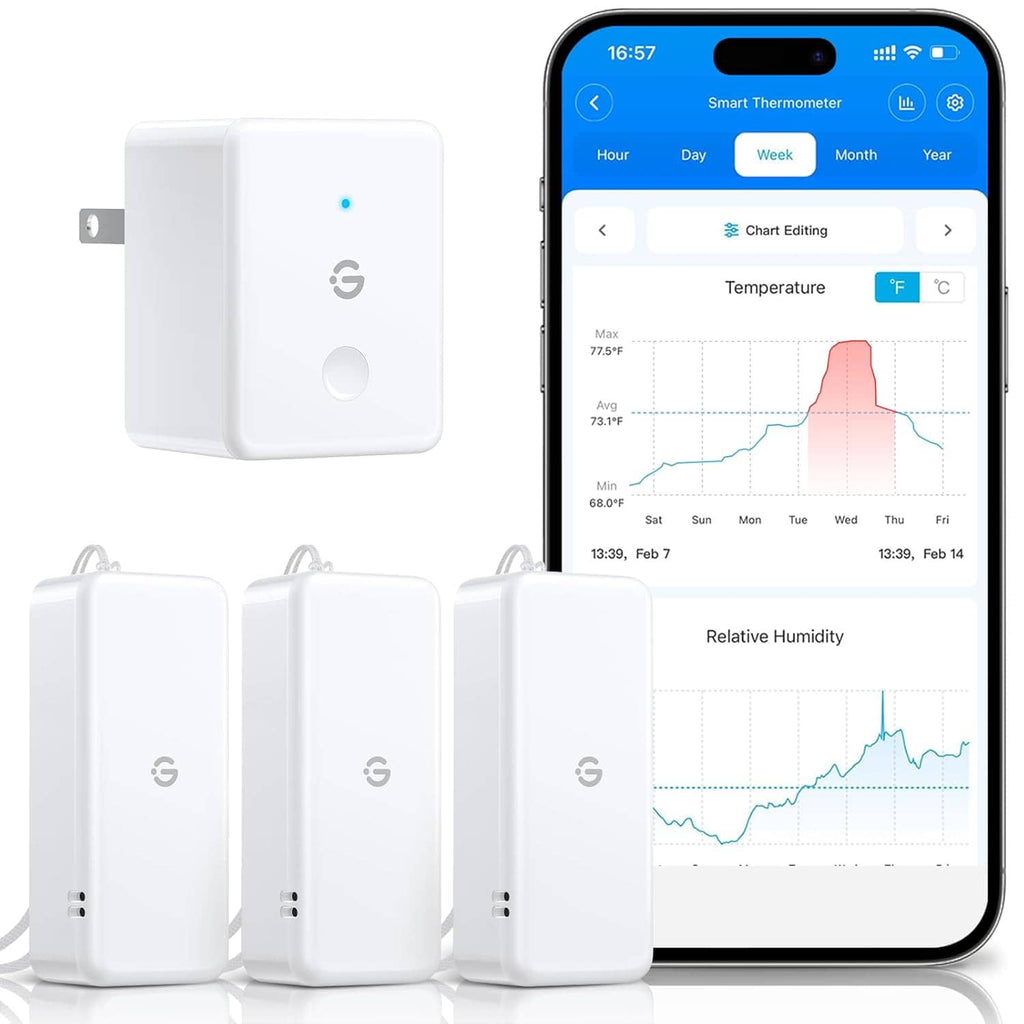 White WiFi hygrometer thermometer sensors (3-pack), with smartphone app screen