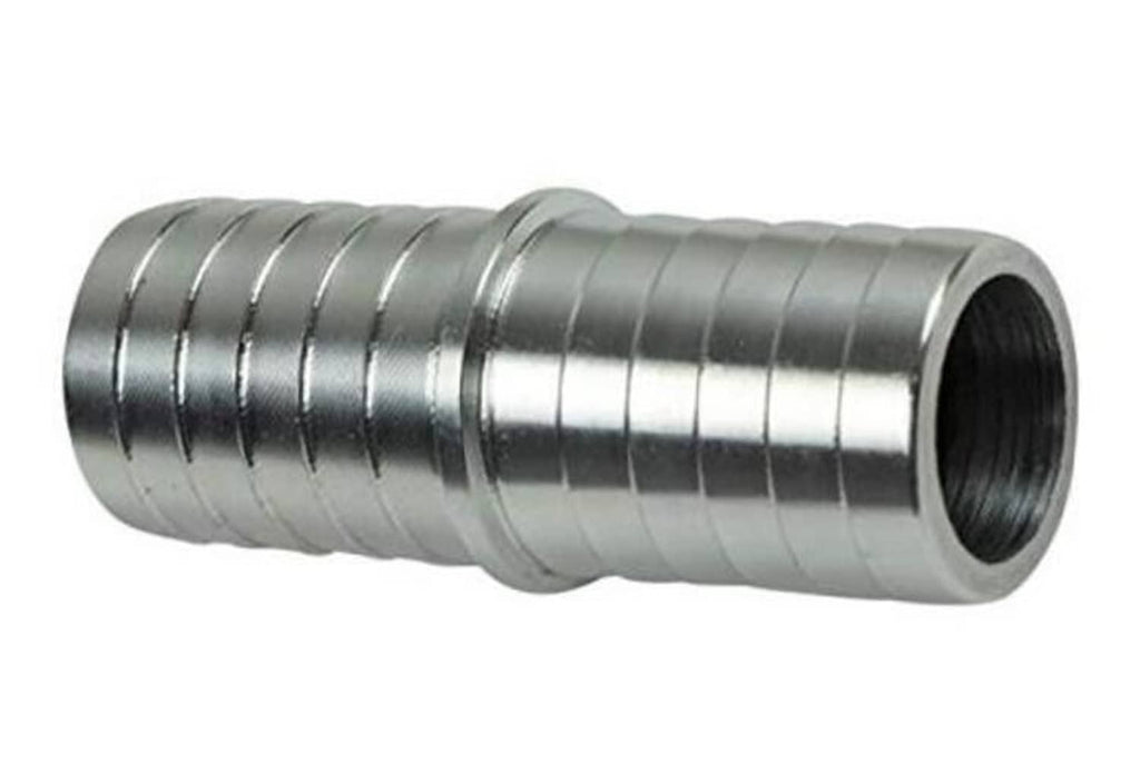 3/4 in hose barb splice coupler, chrome-silver metal fitting with female threads