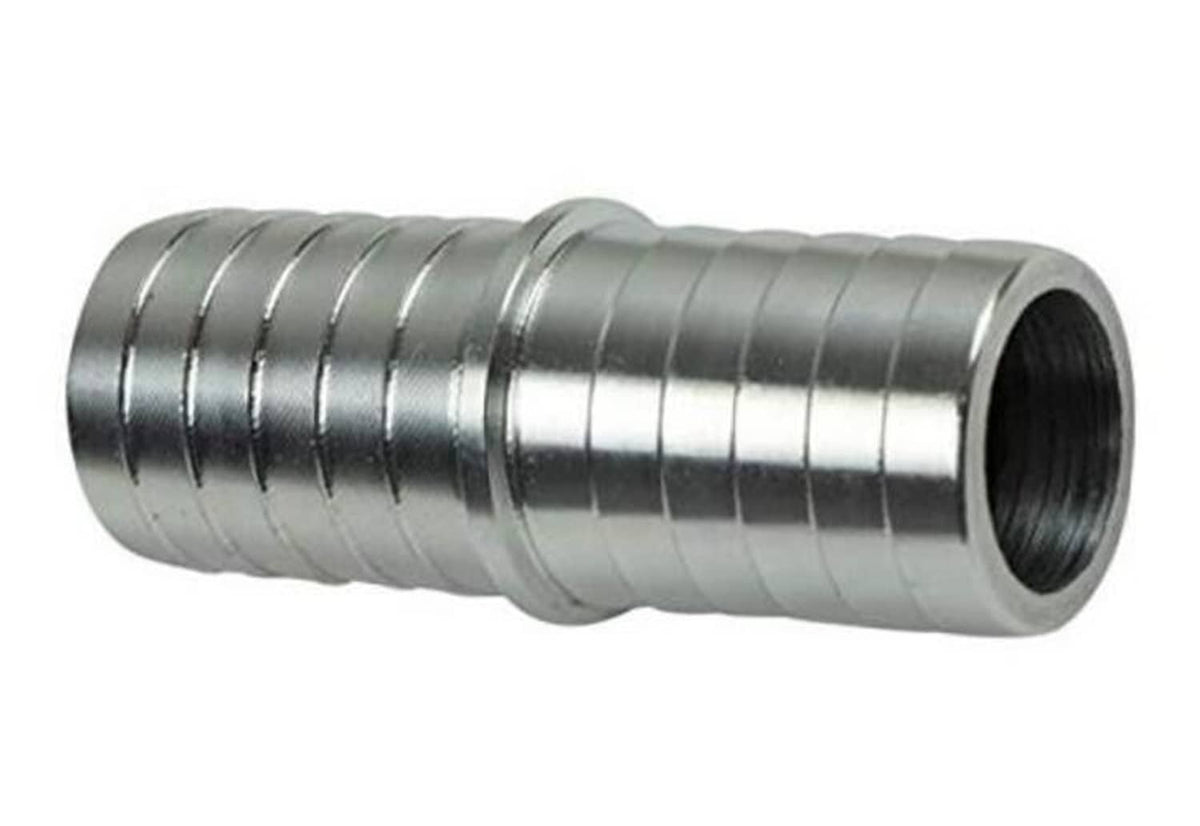 3/4 in hose barb splice coupler, chrome-silver metal fitting with female threads