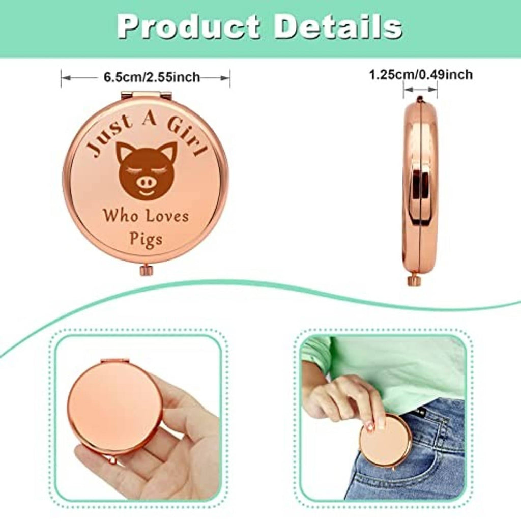 Rose-gold compact makeup mirror with pig design and side view