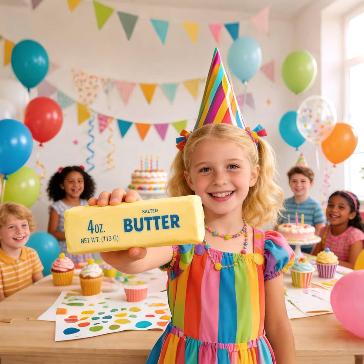 Yellow salted butter squishy fidget toy held up by a smiling child at a party