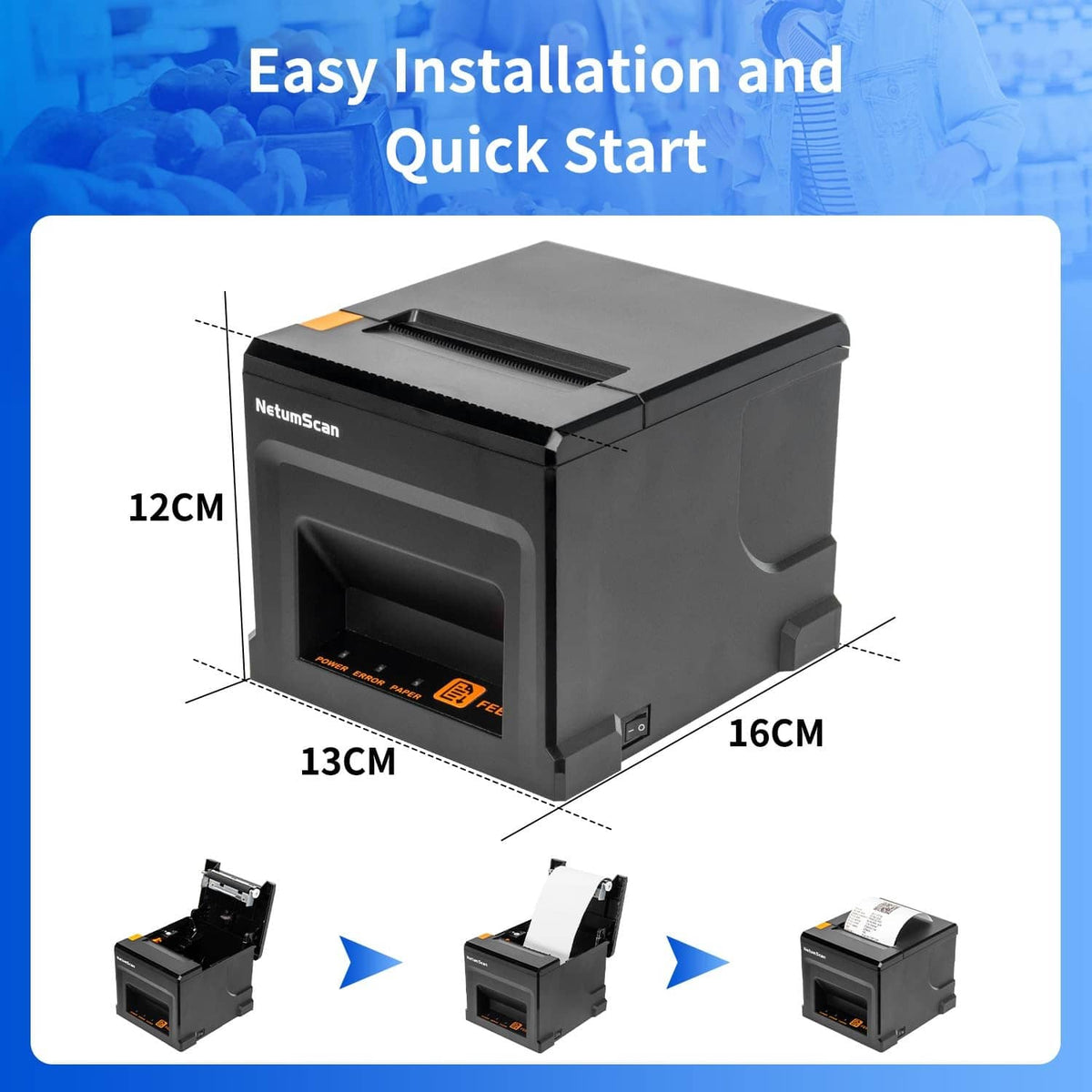 NetumScan black thermal receipt printer shown front view with loaded receipt paper