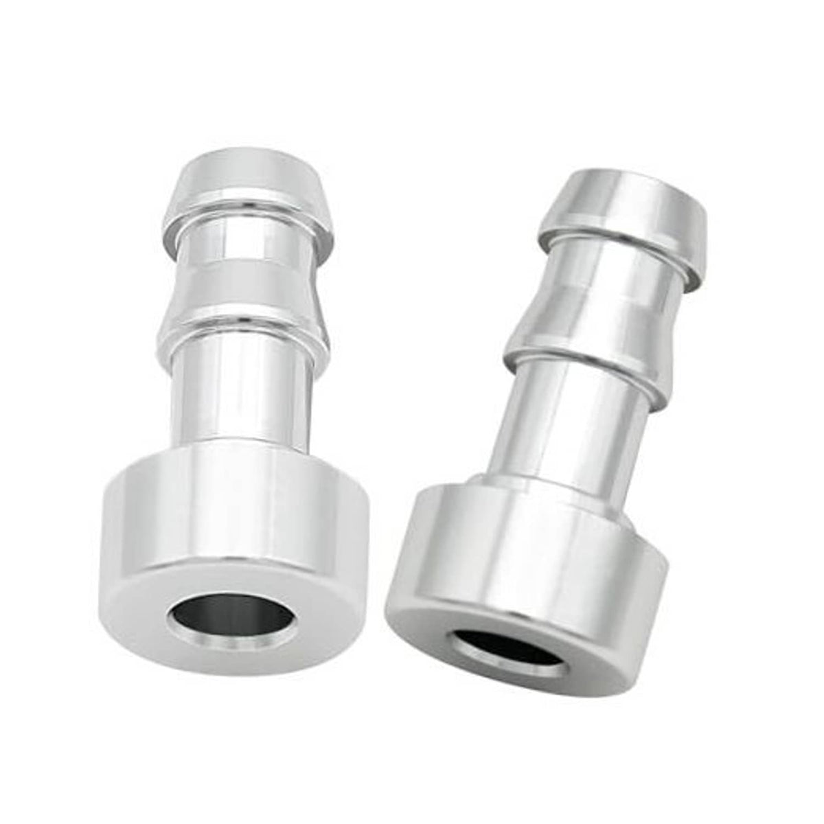3/8 hose barb weld-on adapter, polished aluminum, flanged base and end ports