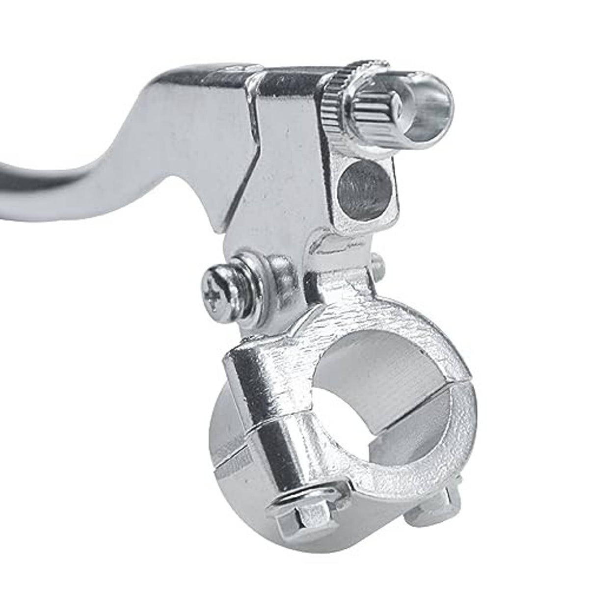 Close-up of silver chrome left brake lever housing with screw and clamp