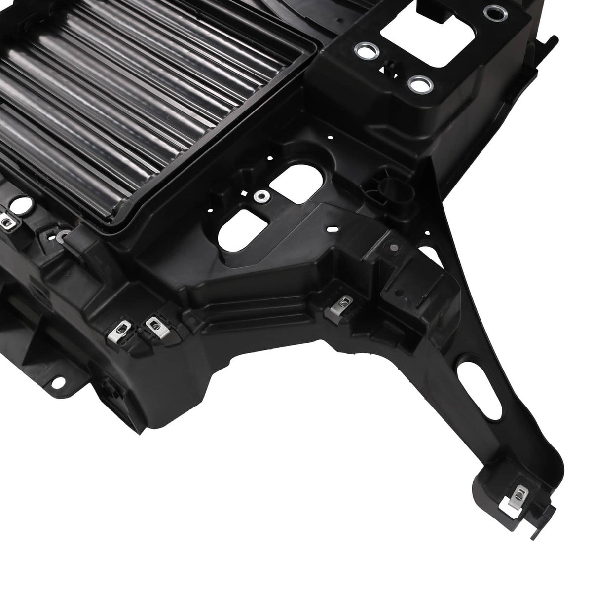 Black active grille shutter motor assembly with mounting brackets and grille slats