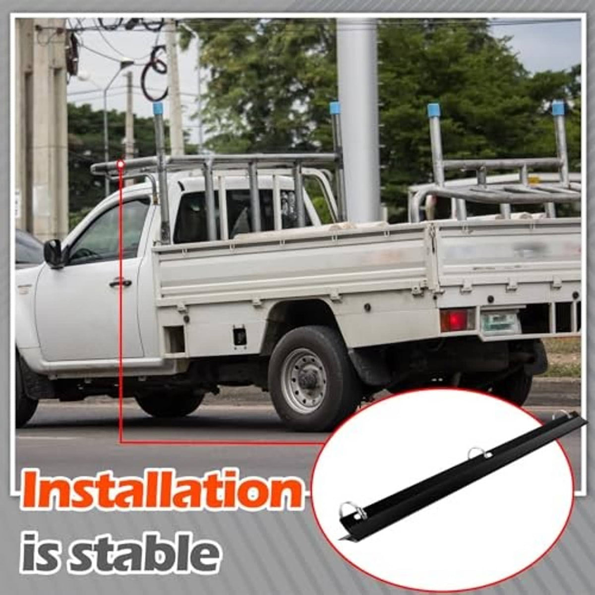 Black wind deflector bar installed on pickup truck roof rack