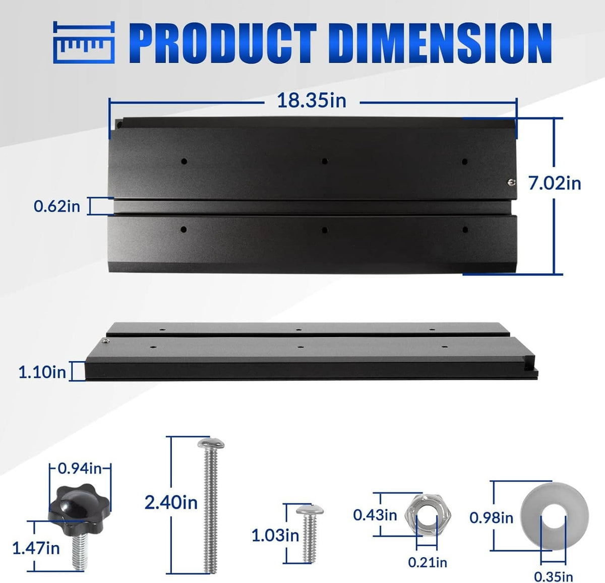 Black quick release bracket product dimension view with measurement indicators