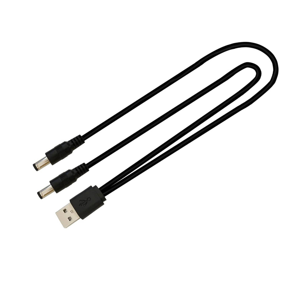 Black charger cable with USB plug and dual audio-style connectors, replacement cord